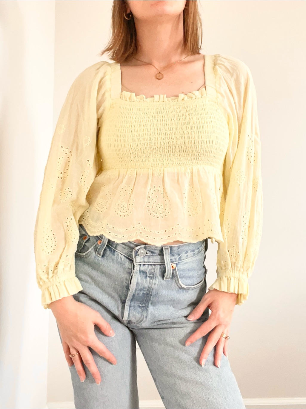 American Eagle Outfitters Yellow Smocked Eyelet Peasant Top